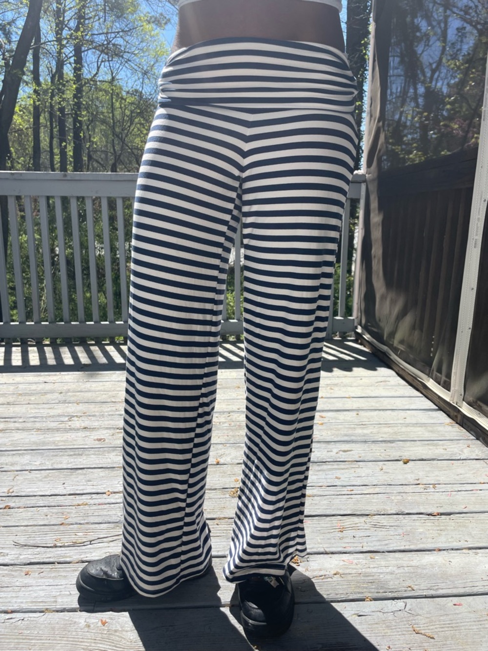 LA glow stripped fold over trousers.
